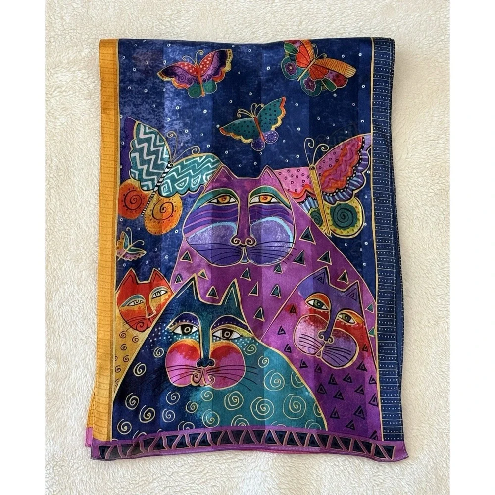 2015 Laurel Burch 100% Silk Scarf Indigo Cats & Butterflies 53x11 Wearable Art